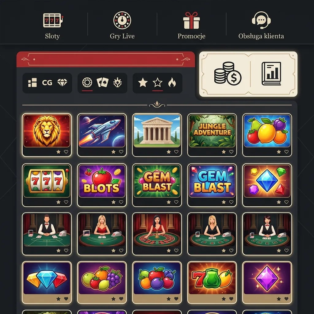 Interfejs Glorion Casino pokazujący menu główne, saldo i listę gier.